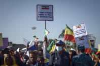 Ethiopians protest against what they say is interference by outsiders in the country's internal affairs and against the Tigray People's Liberation Front (TPLF), the party of Tigray's fugitive leaders, at a rally organized by the city administration in the capital Addis Ababa, Ethiopia Saturday, Oct. 22, 2022. The demonstrations were staged ahead of the expected start of peace talks in South Africa next week between the warring parties, with the U.S. saying Friday it supports the African Union's efforts to mediate talks to stop fighting in Tigray. (AP Photo)