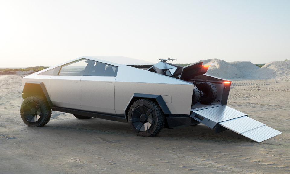 tesla cybertruck with cyberquad atv in truck bed