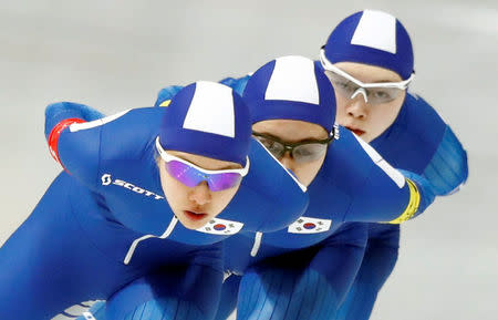 FILE PHOTO: Speed Skating - Pyeongchang 2018 Winter Olympics - Women's Team Pursuit competition - Gangneung Oval - Gangneung, South Korea - February 19, 2018 - Kim Bo-Reum, Ji Woo Park and Seon-Yeong Noh of South Korea compete. REUTERS/Damir Sagolj/File Photo