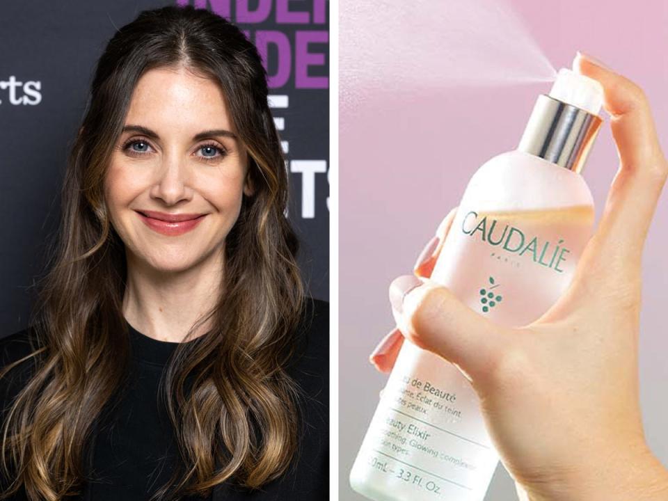 Alison Brie on left; a hand spraying Caudalie beauty elixir on right