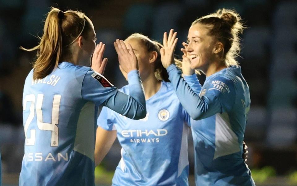 Manchester City's Filippa Angeldahl celebrates scoring their sixth goal with Keira Walsh - Manchester City hit Leicester City for six in Women’s FA Cup quarter-final - ACTION IMAGES