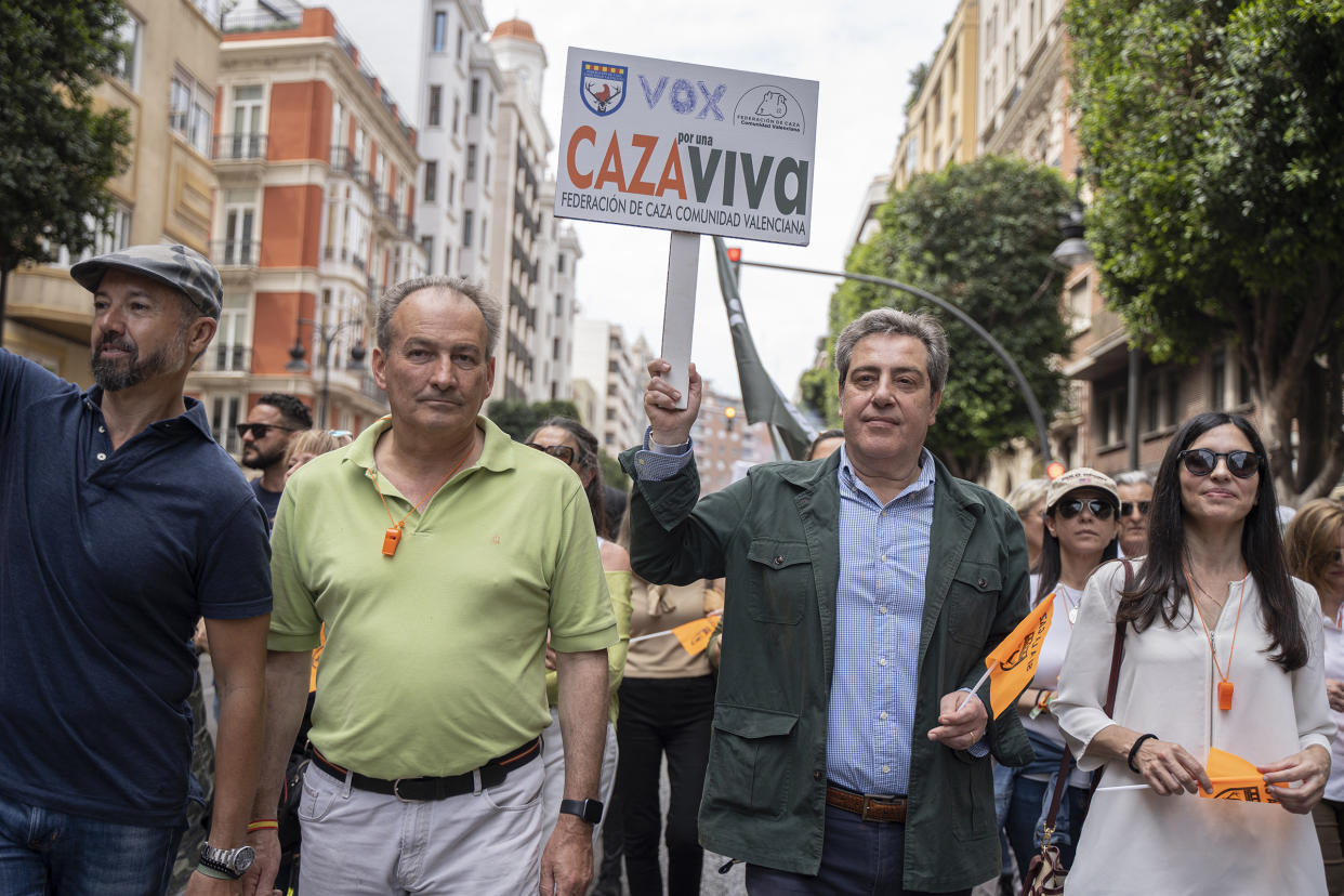 The deputy spokesman of Vox, José María Llanos (second from right), in Valencia, Spain, on May 6, 2023.