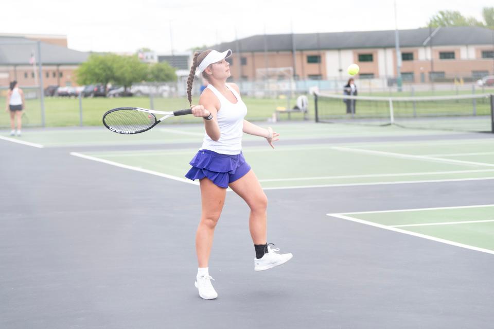 Lakeview freshman Madison Simonds hits the ball during a match against Harper Creek's Mia Helbing in the All-City tennis tournament at Pennfield High School on Friday, May 10, 2024.