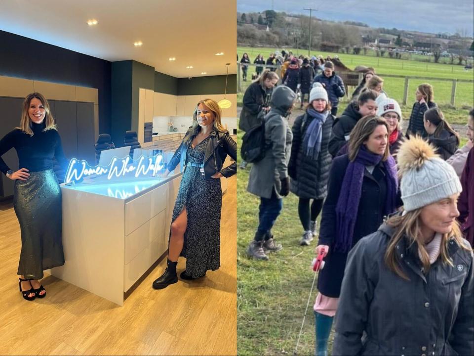 A composite image of two women in a kitchen standing either side of a neon sign that says, "Women who walk," and of  a group of women walking in a field.