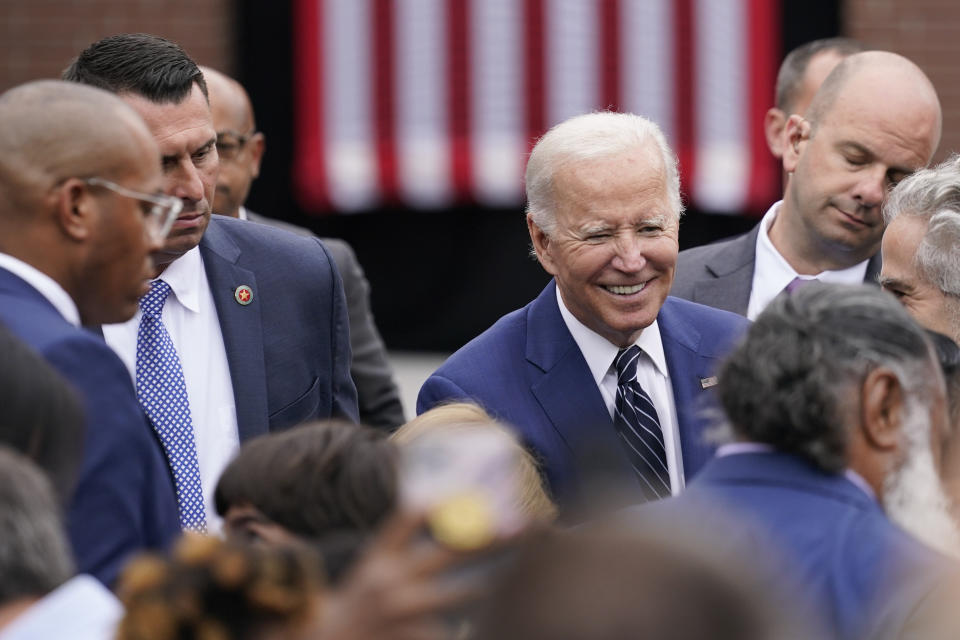 FILE - President Joe Biden greets members of the crowd after speaking at Irvine Valley Community College, in Irvine, Calif., Friday, Oct. 14, 2022. Biden is making his second trip to California in less than three weeks in hopes of rescuing Democratic House members imperiled by fallout from $7-a-gallon gas, worrisome crime rates and spiking prices on everything from avocados to ground beef.(AP Photo/Carolyn Kaster, File)