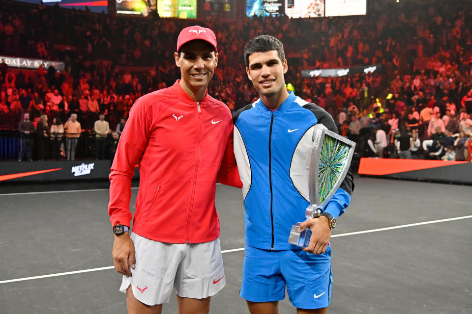 LAS VEGAS, NEVADA - MARCH 03: (L-R) Rafael Nadal and Carlos Alcaraz pose for a photo during The Netflix Slam, a live Netflix Sports event at the MGM Resorts | Michelob Ultra Arena on March 03, 2024 in Las Vegas, Nevada. (Photo by David Becker/Getty Images for Netflix © 2024)