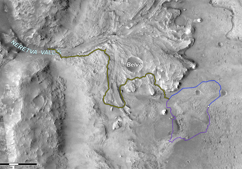 A map showing the Octavia E. Butler landing site and possible paths to reach the edge of a delta fanning out from a river channel visible at left. The rover's current position is shown by a small white circle at right. Engineers want to make sure the rover avoids thick, sandy soil that could cause problems on the way to the delta. / Credit: NASA/JPL-Caltech