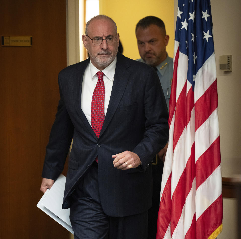 Minnesota U.S. Attorney Andrew Luger announces charges against fourteen Minneapolis gang members with possession of machine guns, fentanyl trafficking and firearms violations at a press conference inside the federal courthouse in Minneapolis, Minn., on Wednesday, Aug. 16, 2023. (Shari L. Gross/Star Tribune via AP)