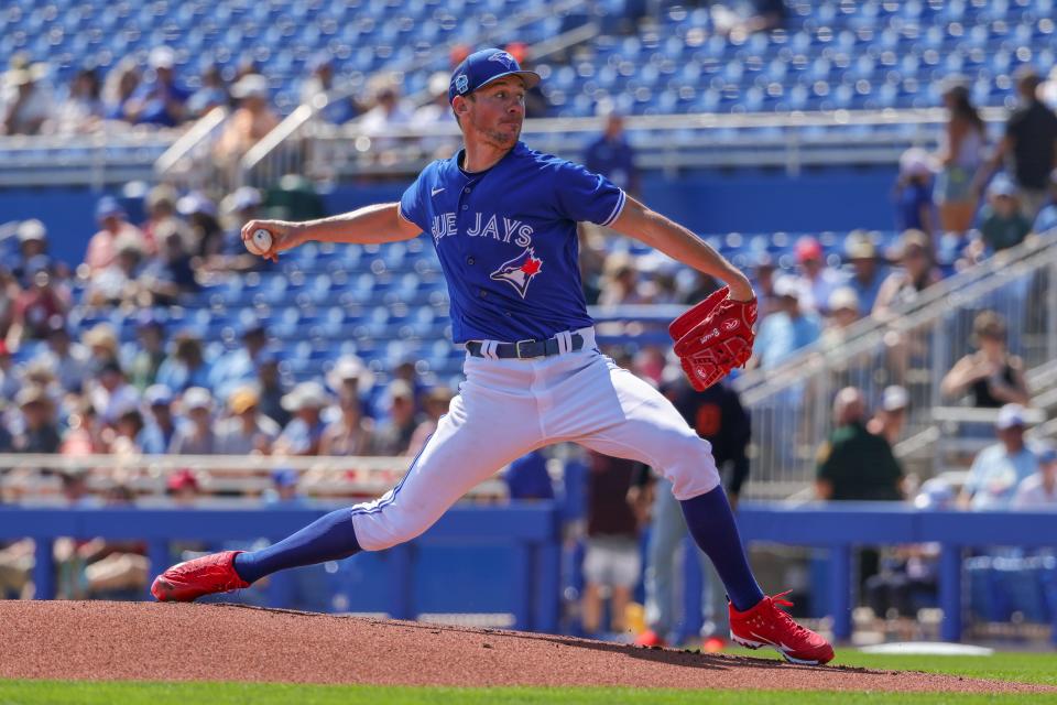 Toronto Blue Jays starting pitcher Chris Bassitt (40) throws a pitch against the Detroit Tigers on Feb. 28, 2023, in Dunedin, Florida.