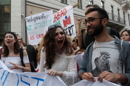 Students shout slogans during a demonstration against Prime Minister Viktor Orban's efforts to force a George Soros-founded university out of the country in Budapest, Hungary, April 2, 2017. REUTERS/Bernadett Szabo