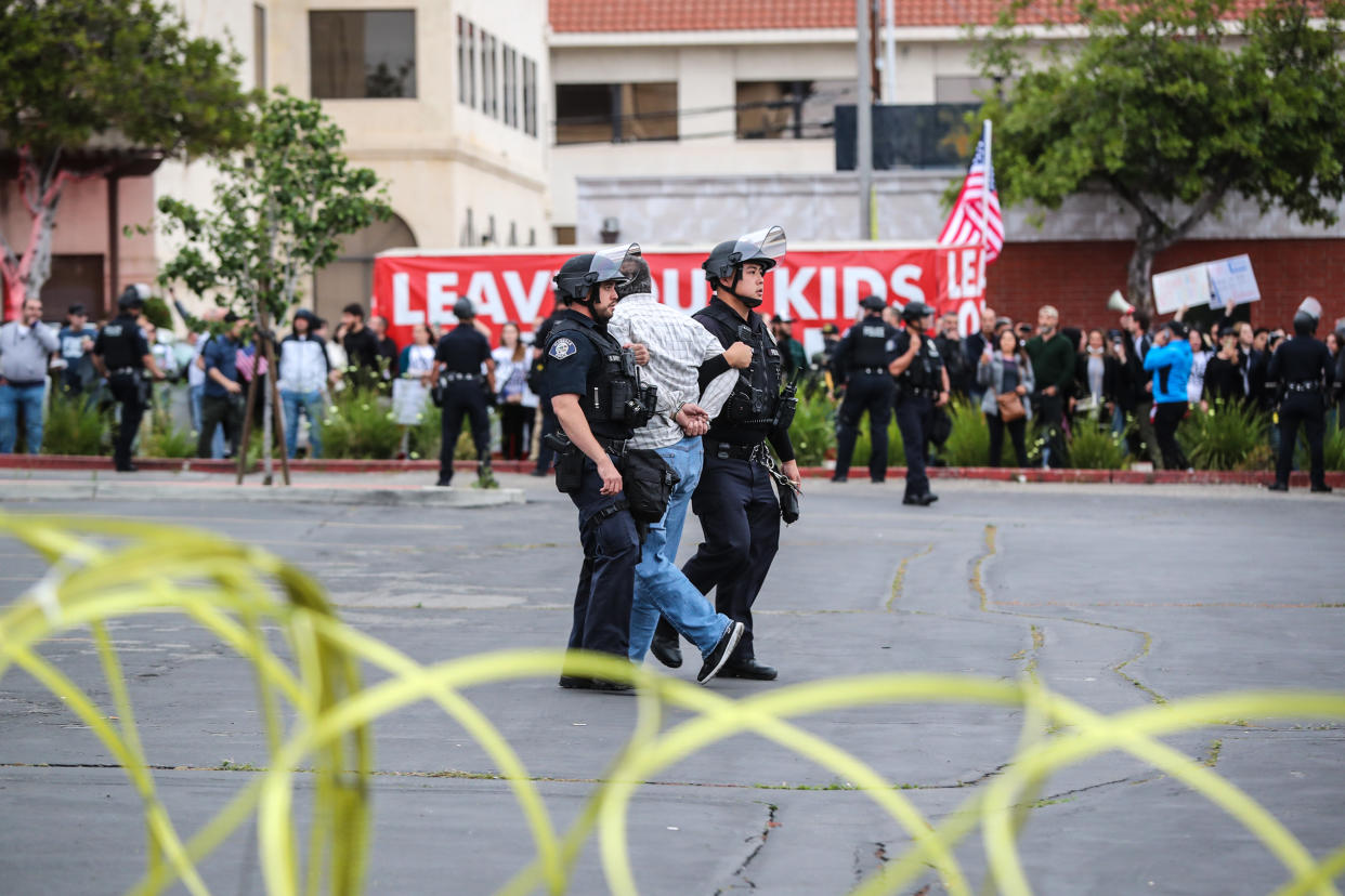 Large crowds gather at Glendale Unified School District meeting where parents and activists clash over teaching sexual identity to kids at Glendale Unified School District in Burbank, Calif., on June 6, 2023. (Allen J. Schaben / Los Angeles Times via Getty Images)