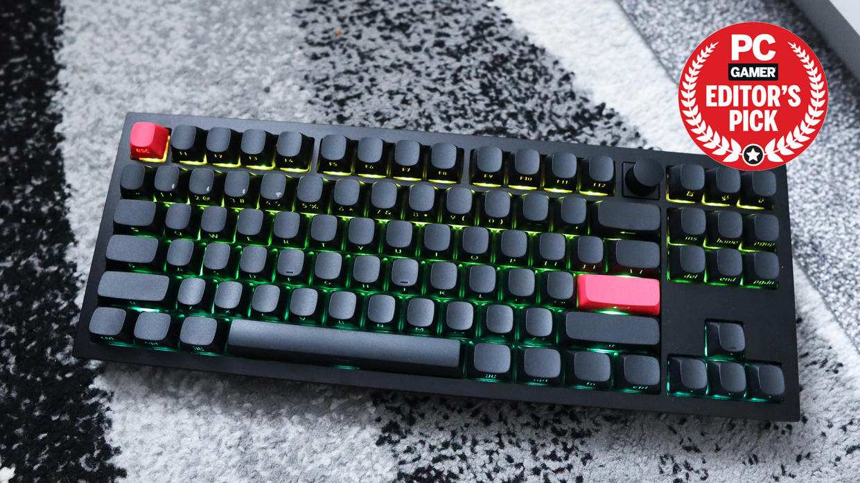  The Keychron Q3 Max gaming keyboard set-up on a desk with the RGB lighting enabled and the PC Gamer Recommends badge in the top right. 