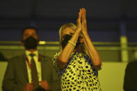 First lady of the United States Jill Biden waves during the opening ceremony in the Olympic Stadium at the 2020 Summer Olympics, Friday, July 23, 2021, in Tokyo, Japan. (Dylan Martinez/Pool Photo via AP)