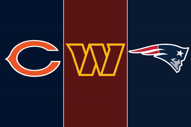 Chicago Bears, Washington Commanders, New England Patriots NFL logos