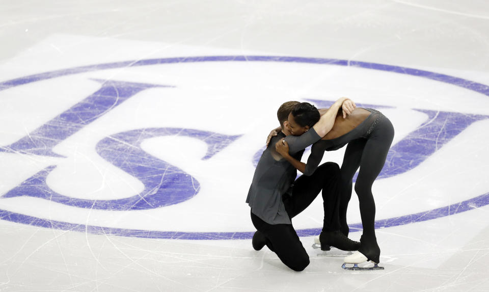 Vanessa James and Morgan Cipres of France react after performing in the pairs free skating at the ISU European figure skating championships in Minsk, Belarus, Thursday, Jan. 24, 2019. (AP Photo/Sergei Grits)