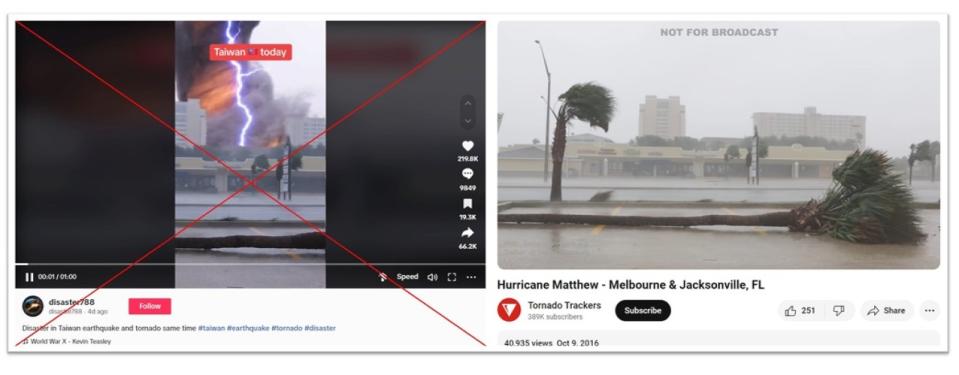 <span>Screenshot comparison of the manipulated footage in the false posts (left) and the original video on Tornado Trackers (right)</span>