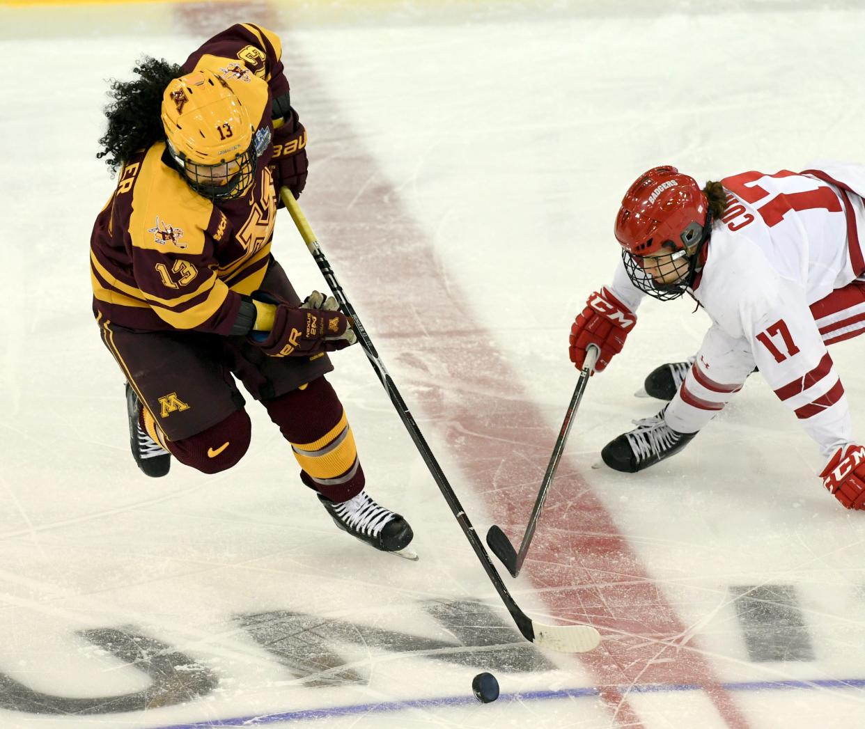 Wisconsin's Britta Curl (17) recorded the first hat trick of her career in a 13-1 win over Bemidji State Dec. 2.
