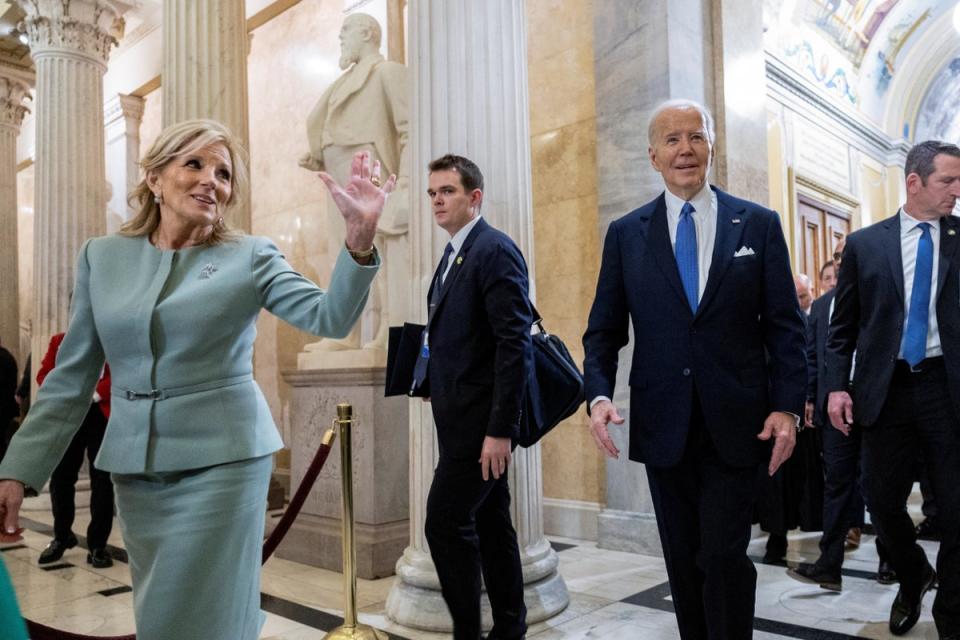 Preisdent Joe Biden and First Lady Dr Jill Biden arrive ahead of his State of the Union address (REUTERS)