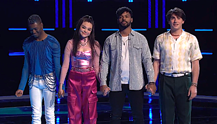 Bottom four contestants Eric Who, Alyssa Witrado, Devix, and Kiqué await their fates on 'The Voice' Season 22's top 13 results show. (Photo: NBC)