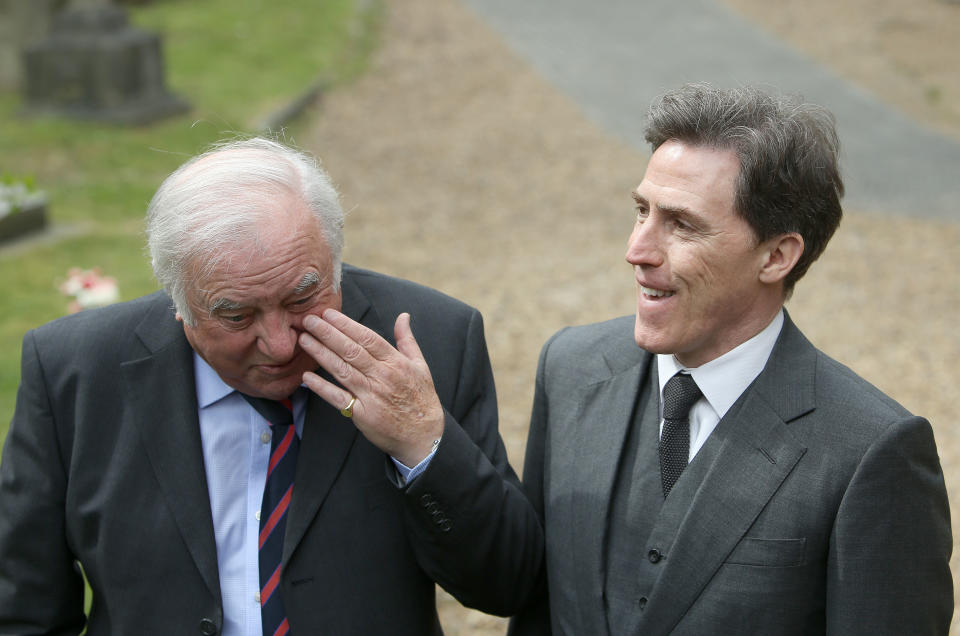 Jimmy Tarbuck and Rob Brydon arrive for the funeral service of Ronnie Corbett, at St John the Evangelist Church, near the late comedian's home in Shirley, Croydon, south London.