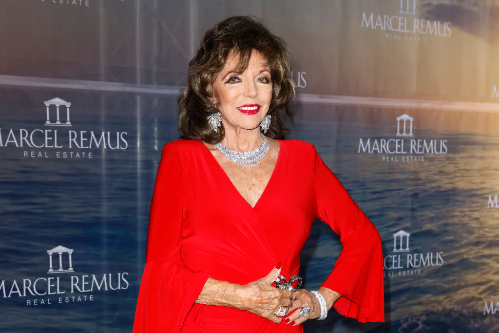 Joan Collins embraces a bold eye look in August, 2021. (Getty Images)