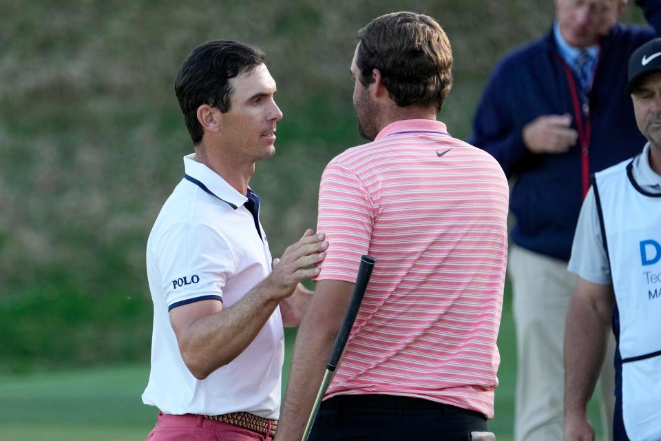 Billy Horschel (left) is congratulated by Scottie Scheffler after winning the finals of the Dell Technologies Match Play in Austin, Texas on March 28, 2021.