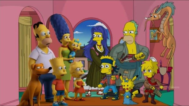 <p>Fox</p><p>This is a quick gag, but there’s a lot to it as we get to see the whole family in anime gear – even Santa’s Little Helper gets in on the action.</p><p>This segment from the 25th Treehouse of Horror is about the ghosts of the classic Simpsons designs taking their revenge on the modern family, and it ends with many other versions of the family showing up. One of which features all the characters as anime characters. There is:</p><ul><li>Homer as Zorro from One Piece</li><li>Marge as Rangiku from Bleach</li><li>Bart as Naruto</li><li>Lisa as Mikasa from Attack on Titan</li><li>Maggie as Pikachu (again)</li><li>Santa’s Little Helper as Haku from Spirited Away</li></ul>