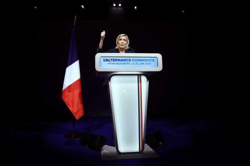 FILE PHOTO: Marine Le Pen reacts after first round results of the 2024 snap legislative elections