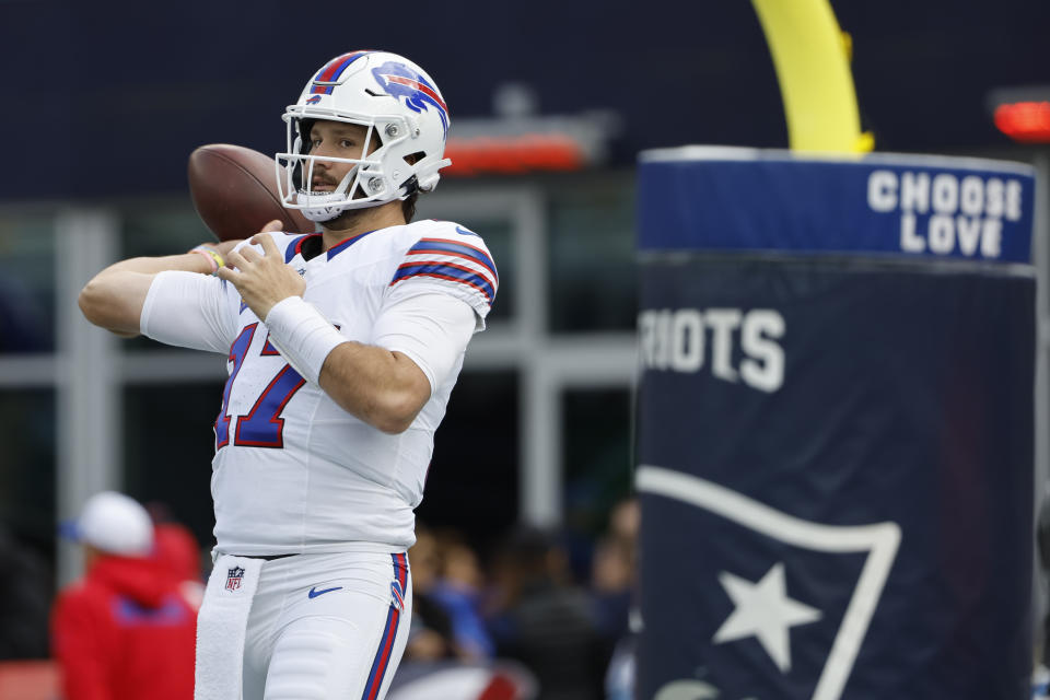 Buffalo Bills quarterback Josh Allen warms up prior to an NFL football game against the New England Patriots, Sunday, Oct. 22, 2023, in Foxborough, Mass. (AP Photo/Winslow Townson)