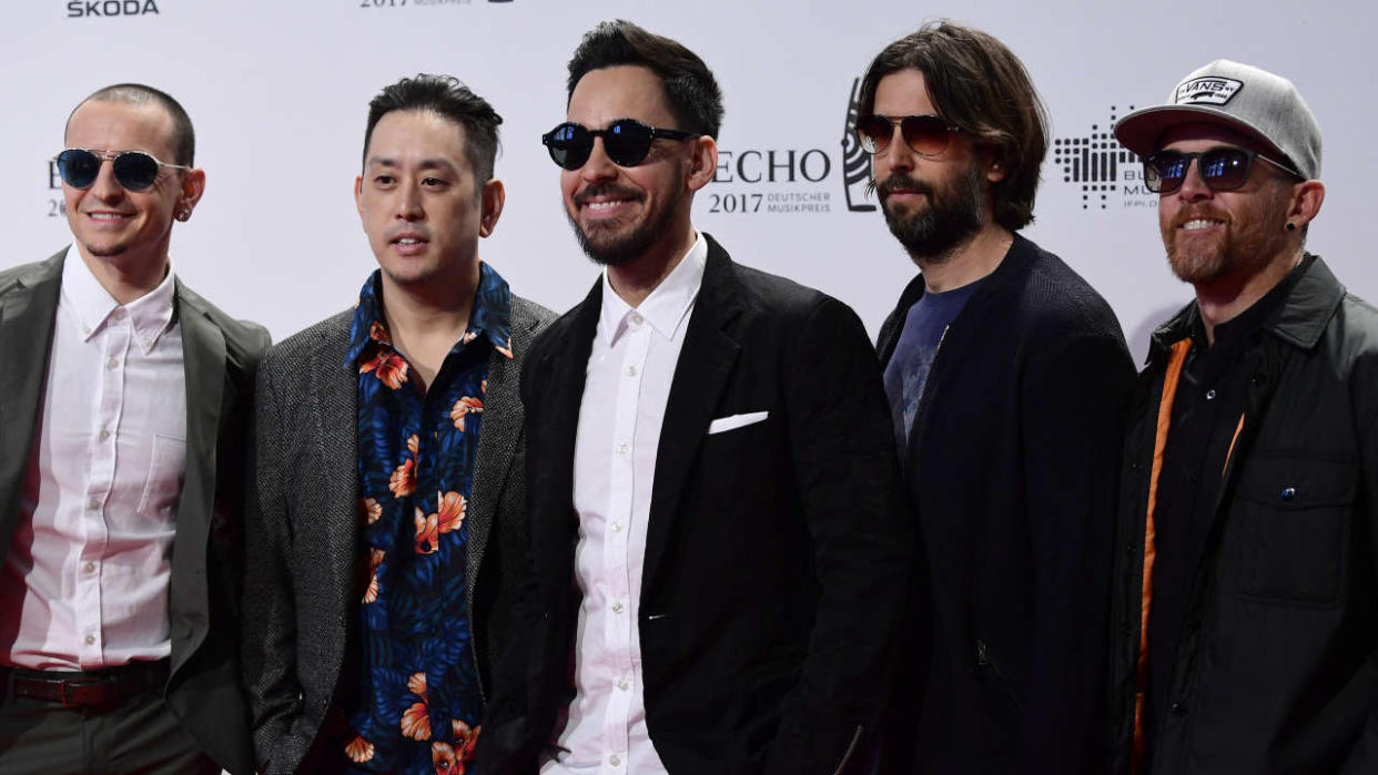 Members of US band Linkin Park arrive for the 2017 Echo Music Awards in Berlin, on April 6, 2017. (Photo by Tobias SCHWARZ / AFP)