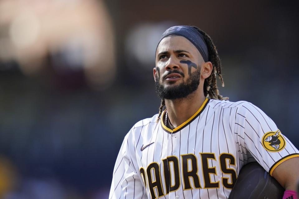 The San Diego Padres' Fernando Tatis Jr. looks up during a game against the San Francisco Giants