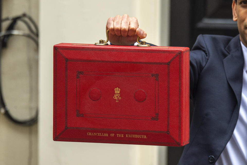 The red box held by British Chancellor of the Exchequer, Rishi Sunak outside number 11 Downing Street before presenting the budget in Parliament. (Photo by Dave Rushen / SOPA Images/Sipa USA)