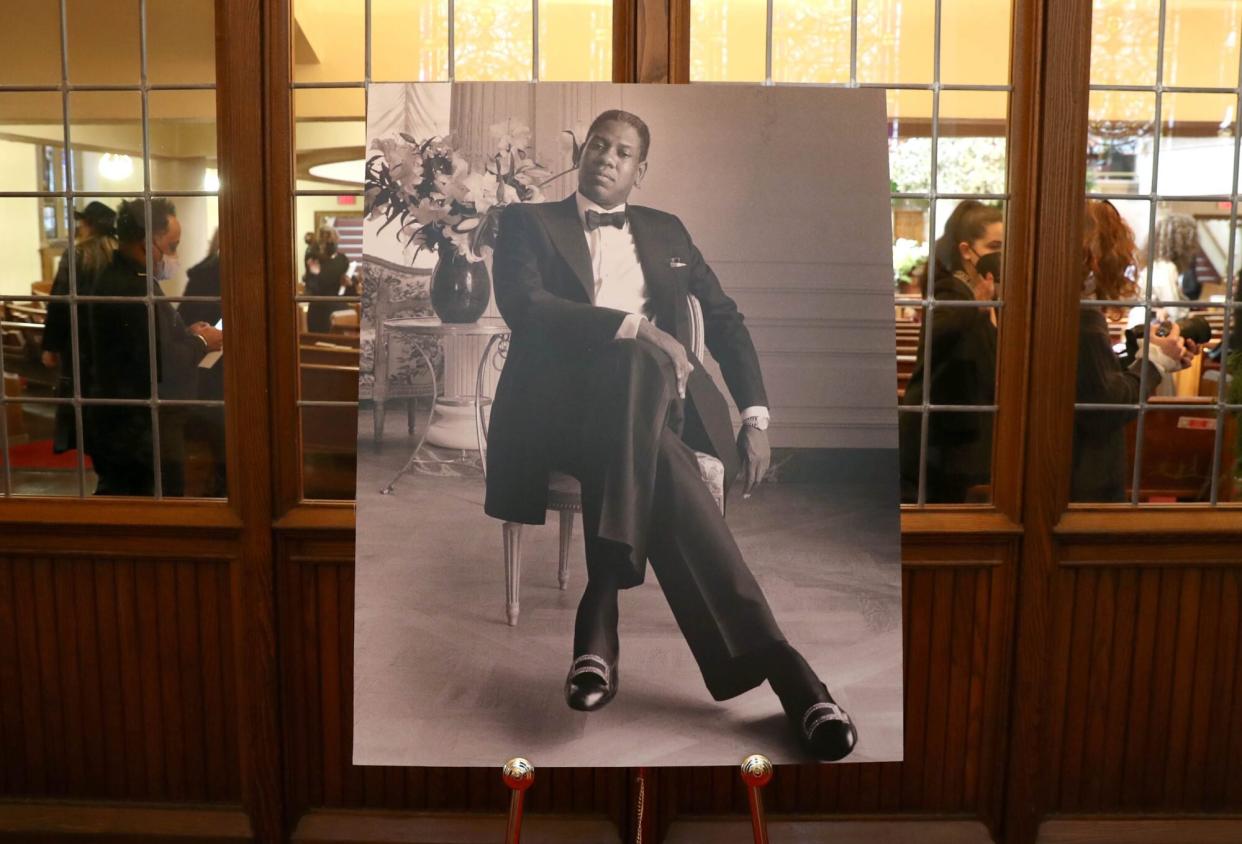 NEW YORK, NEW YORK - APRIL 29: A view of tribute photograph on display at the André Leon Talley Celebration of Life at The Abyssinian Baptist Church on April 29, 2022 in New York City. (Photo by Bennett Raglin/Getty Images for the Estate of André Leon Talley)