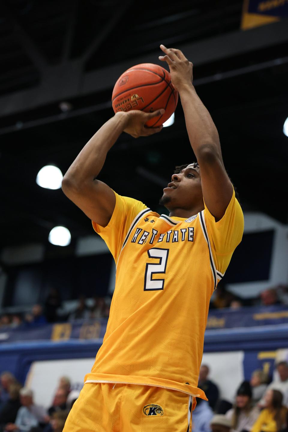 Kent State guard Malique Jacobs fires a 3-pointer from the corner during the second half of an NCAA basketball game against the South Dakota State Jackrabbits, Friday, Dec. 2, 2022 at the Kent State M.A.C. Center.