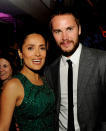 LOS ANGELES, CA - JUNE 25: Actress Salma Hayek (L) and actor Taylor Kitsch pose at the after party for the premiere of Universal Pictures' "Savages" at the Armand Hammer Museum on June 25, 2012 in Los Angeles, California. (Photo by Kevin Winter/Getty Images)