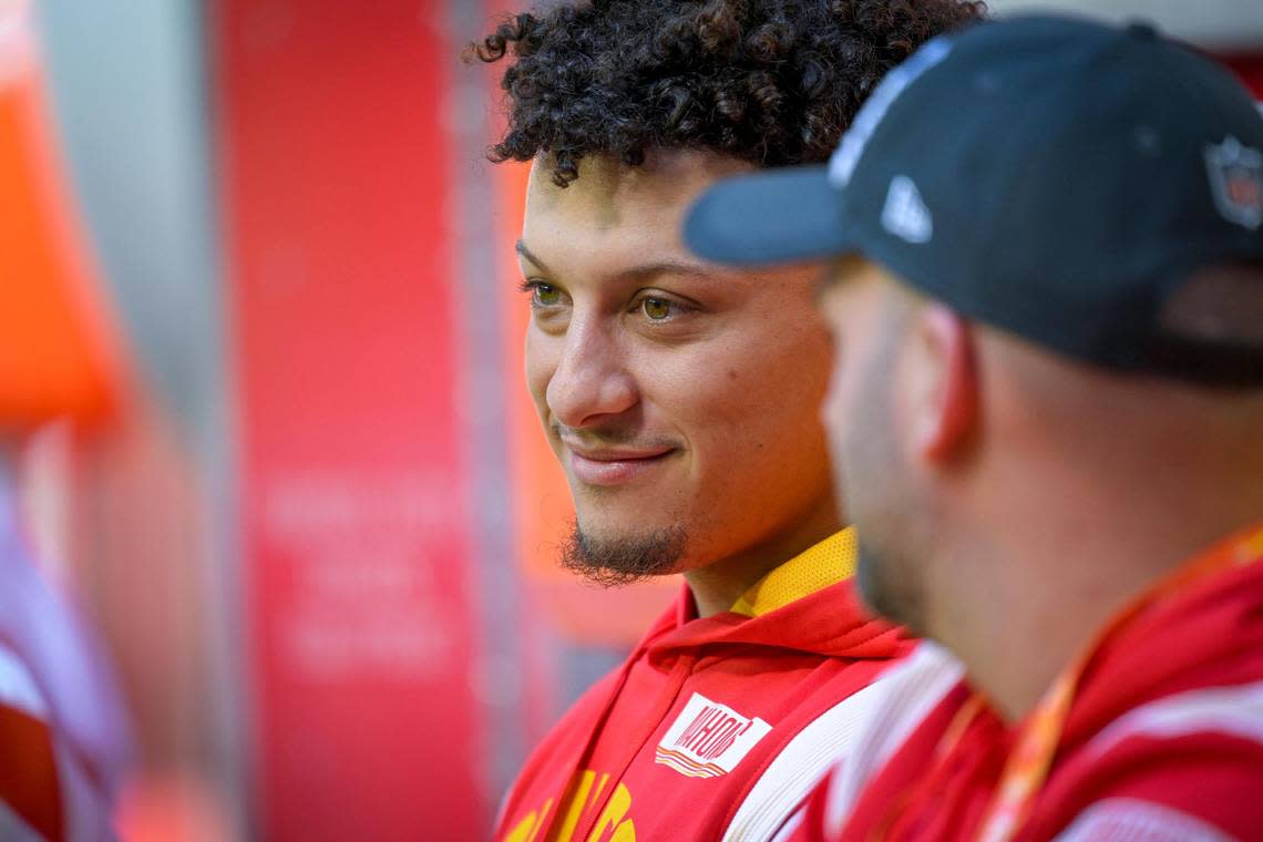 Kansas City Chiefs quarterback Patrick Mahomes sat on the bench before the kickoff of Super Bowl LVII between the Chiefs and the Philadelphia Eagles on Sunday, Feb. 12, 2023, at State Farm Stadium in Glendale, Arizona.