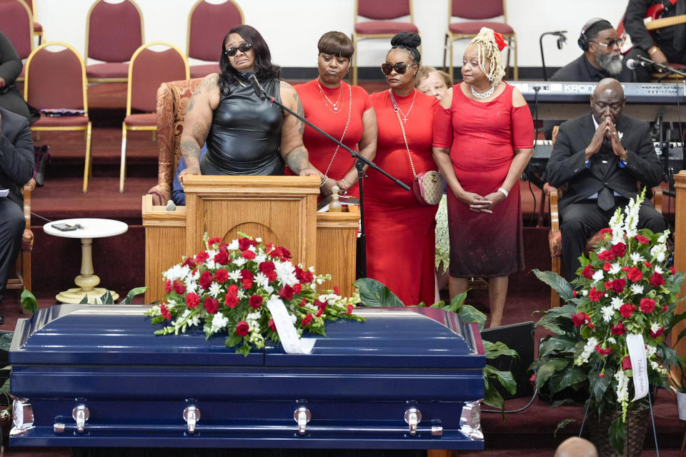 DeAsia Harmon speaks at the funeral for her husband D'Vontaye Mitchell Thursday, July 11, 2024, in Milwaukee. Mitchell died June 30 after an incident at a hotel. (AP Photo/Morry Gash)