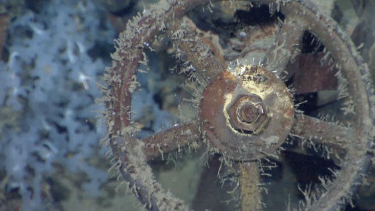 A wheel on a valve believed to be from a lower engineering area of the World War II Japanese battleship Musashi after it was found in Sibuyan Sea, Philippines, is shown in this image taken March 2, 2015 from the Paulallen.com website