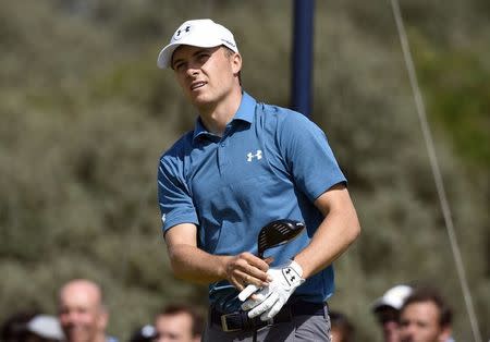 Jul 23, 2017; Southport, ENG; Jordan Spieth plays his shot from the second tee during the final round of The 146th Open Championship golf tournament at Royal Birkdale Golf Club. Mandatory Credit: Ian Rutherford-USA TODAY Sports