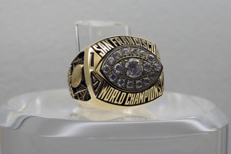 Feb 11, 2023; Phoenix, AZ, USA; The Super Bowl XVI ring to commemorate the San Francisco 49ers over the <a class="link " href="https://sports.yahoo.com/nfl/teams/cincinnati/" data-i13n="sec:content-canvas;subsec:anchor_text;elm:context_link" data-ylk="slk:Cincinnati Bengals;sec:content-canvas;subsec:anchor_text;elm:context_link;itc:0">Cincinnati Bengals</a> in Super Bowl XVI at the Silverdome in Pontiac, Mich. on Jan. 24, 1982. Mandatory Credit: Kirby Lee-USA TODAY Sports