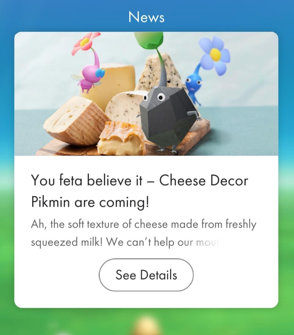 Eine Nachrichtenmeldung aus der Pikmin Bloom-App, die die Ankunft von Cheese Decor Pikmin ankündigt.