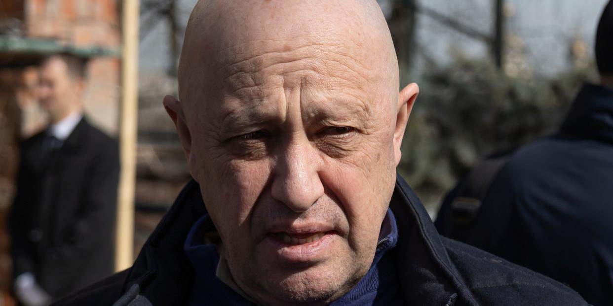 Yevgeny Prigozhin, the owner of the Wagner Group military company, arrives to pay the last respects to slain Russian military blogger Vladlen Tatarsky, during a funeral ceremony at the Troyekurovskoye cemetery in Moscow, Russia, Saturday, April 8, 2023.