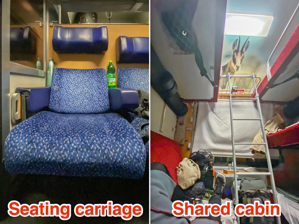 A seating carriage (L) and a shared cabin (R) and Nightjet trains in Europe.