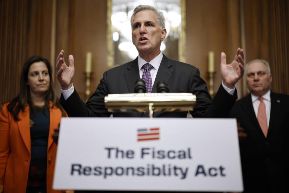 WASHINGTON, DC – MAY 31: Speaker of the House Kevin McCarthy (R-CA) holds a news conference after the House passed The Fiscal Responsibility Act of 2023 in the Rayburn Room at the U.S. Capitol on May 31, 2023 in Washington, DC. With a bipartisan vote of 314 to 117, the House passed the legislation to raise the nation’s borrowing limit through 2024 and send it to Senate with less than six days until a June 5 default deadline. (Photo by Chip Somodevilla/Getty Images)