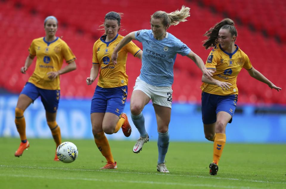 Manchester City's Sam Mewis controls the ball ahead of Everton players during the Women's FA Cup final on Nov. 1.