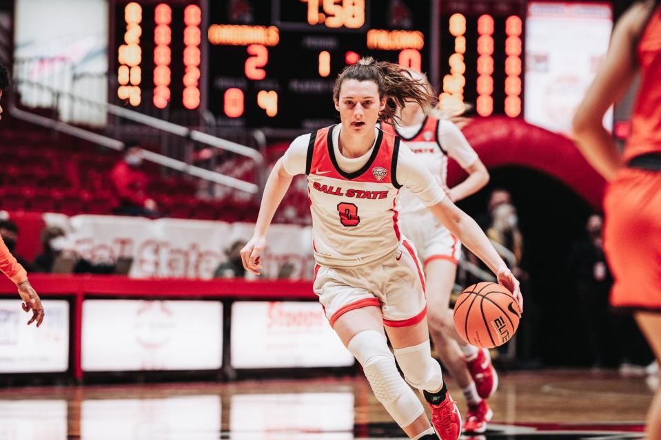 Ball State women's basketball's Ally Becki went 3-for-3 from behind the arc in the team's 80-49 victory over Western Michigan in Worthen Arena on Wednesday, Feb. 22, 2023.