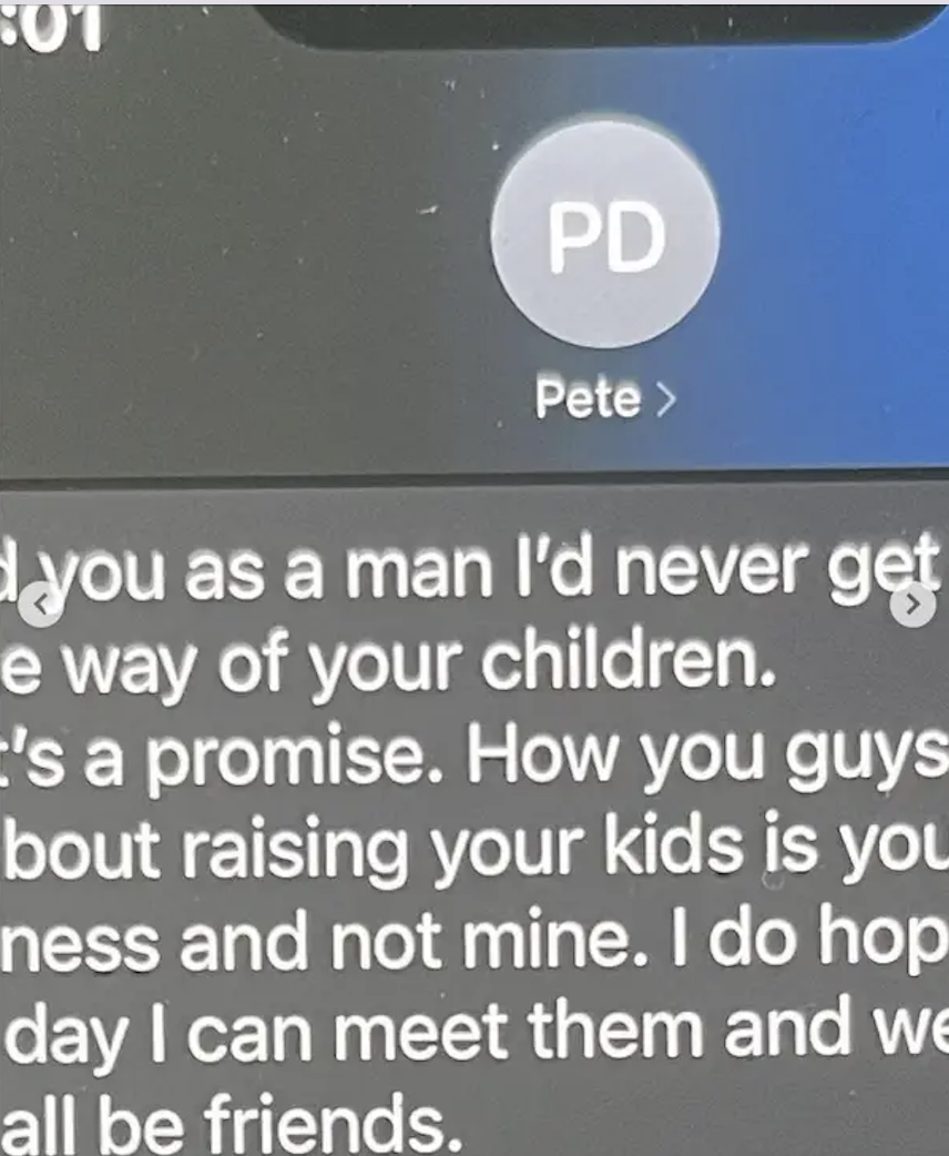 Section of text apparently from Pete with words like &quot;How you guys ... about raising your kids is your ... [busi]ness and not mine&quot;