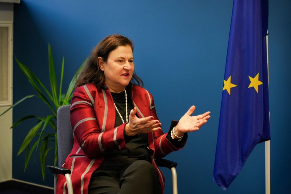 "We have come a tremendeously long way together," EU Ambassador to Ukraine Katarina Mathernova told the Kyiv Independent on Nov. 8, as the European Commission was announcing its recommendation to start membership talks with Ukraine. (Liza Pyrozhkova/The Kyiv Independent)