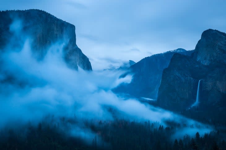 Foggy view of El Capitan and Bridalveil Fall