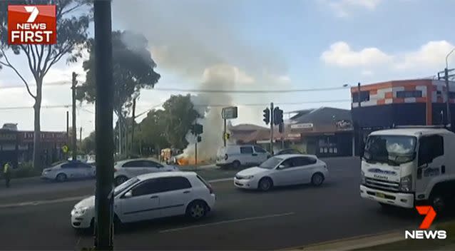 A blaze broke out after the crash. Photo: 7 News